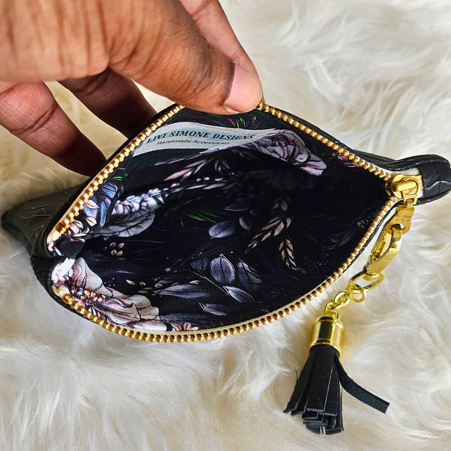 Black Faux Leather Handmade Wristlet Clutch with four card slots and matching pouch