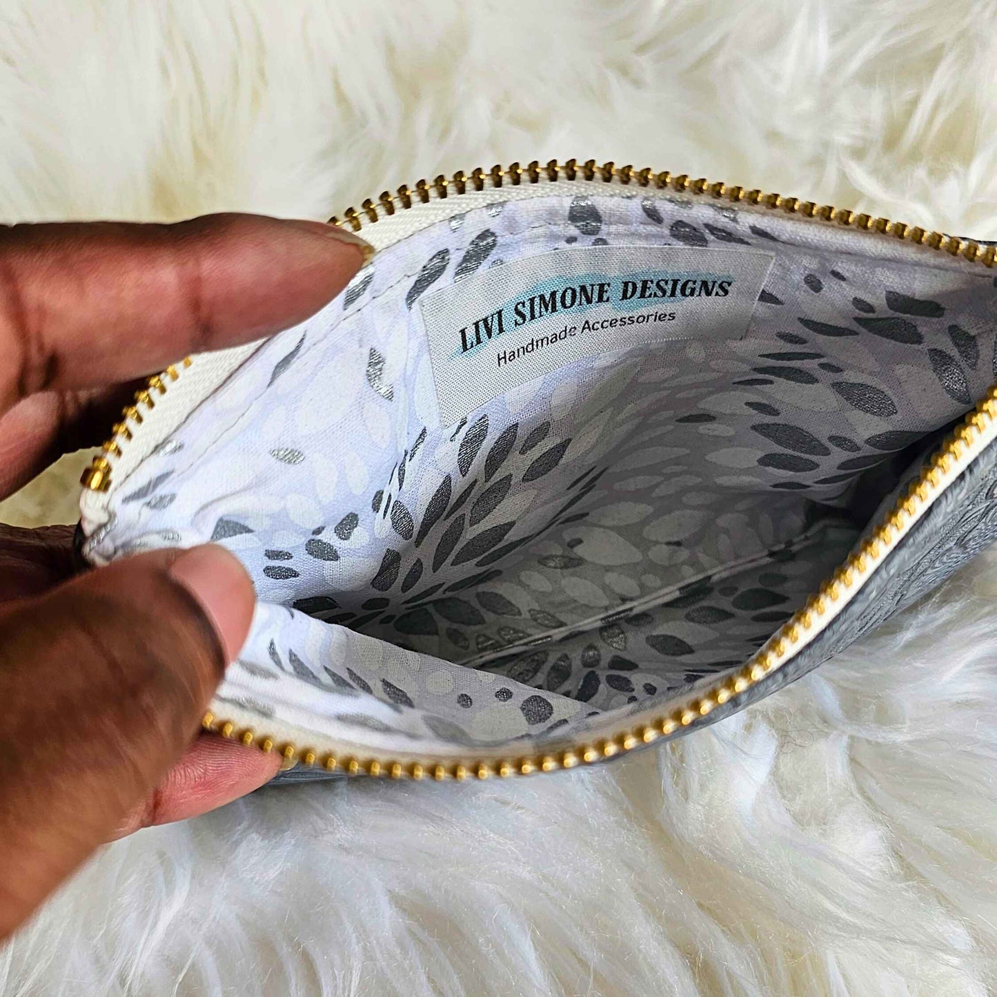 Gray Faux Leather Handmade Wristlet Clutch with four card slots and matching pouch