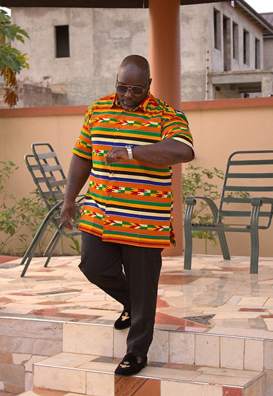 Gold and Black Kente Print Short Sleeve Button Down Shirt