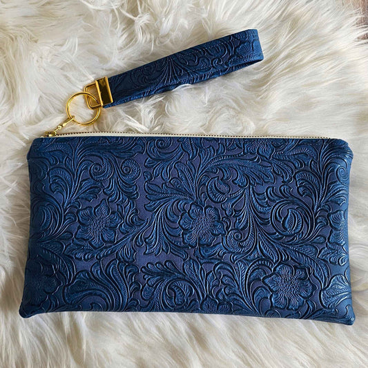 Navy Faux Leather Handmade Wristlet Clutch with four card slots and matching pouch
