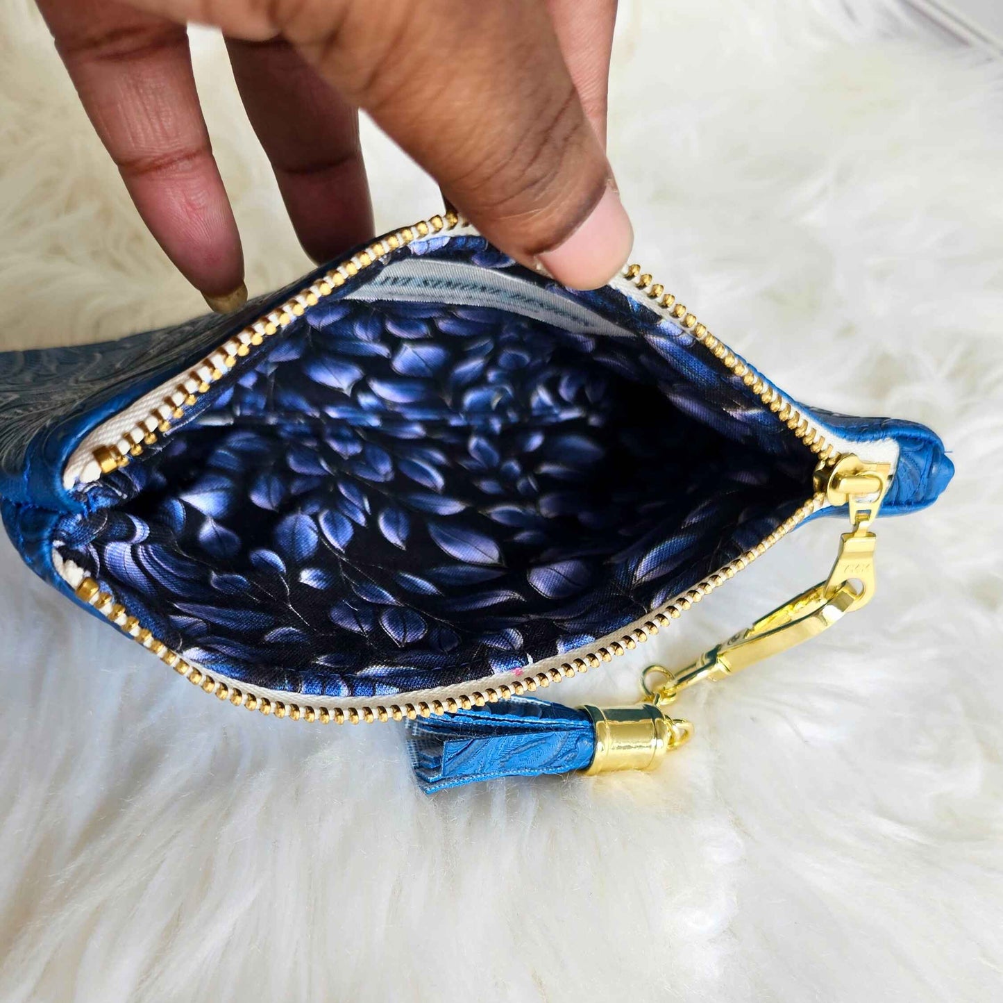 Navy Faux Leather Handmade Wristlet Clutch with four card slots and matching pouch