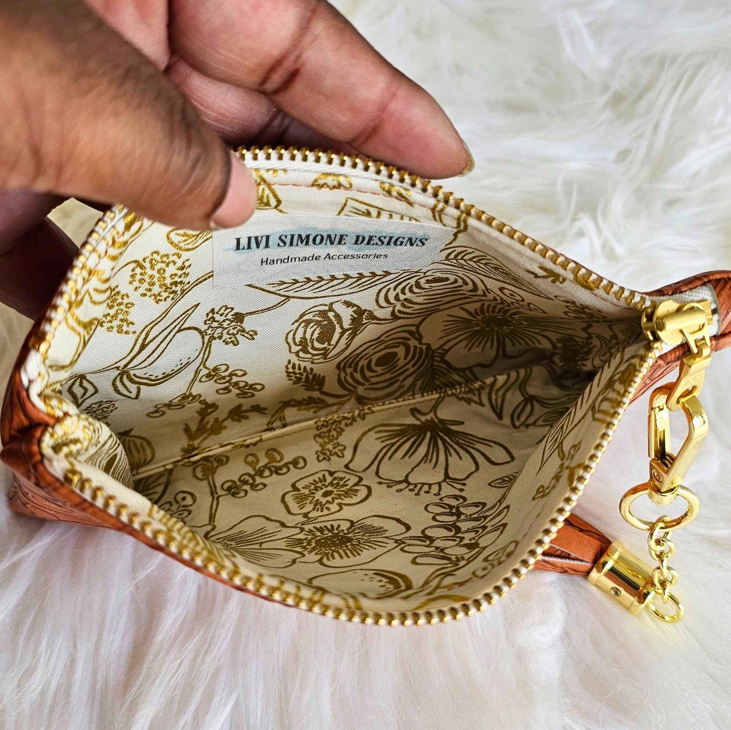 Pecan Faux Leather Handmade Wristlet Clutch with four card slots and matching pouch