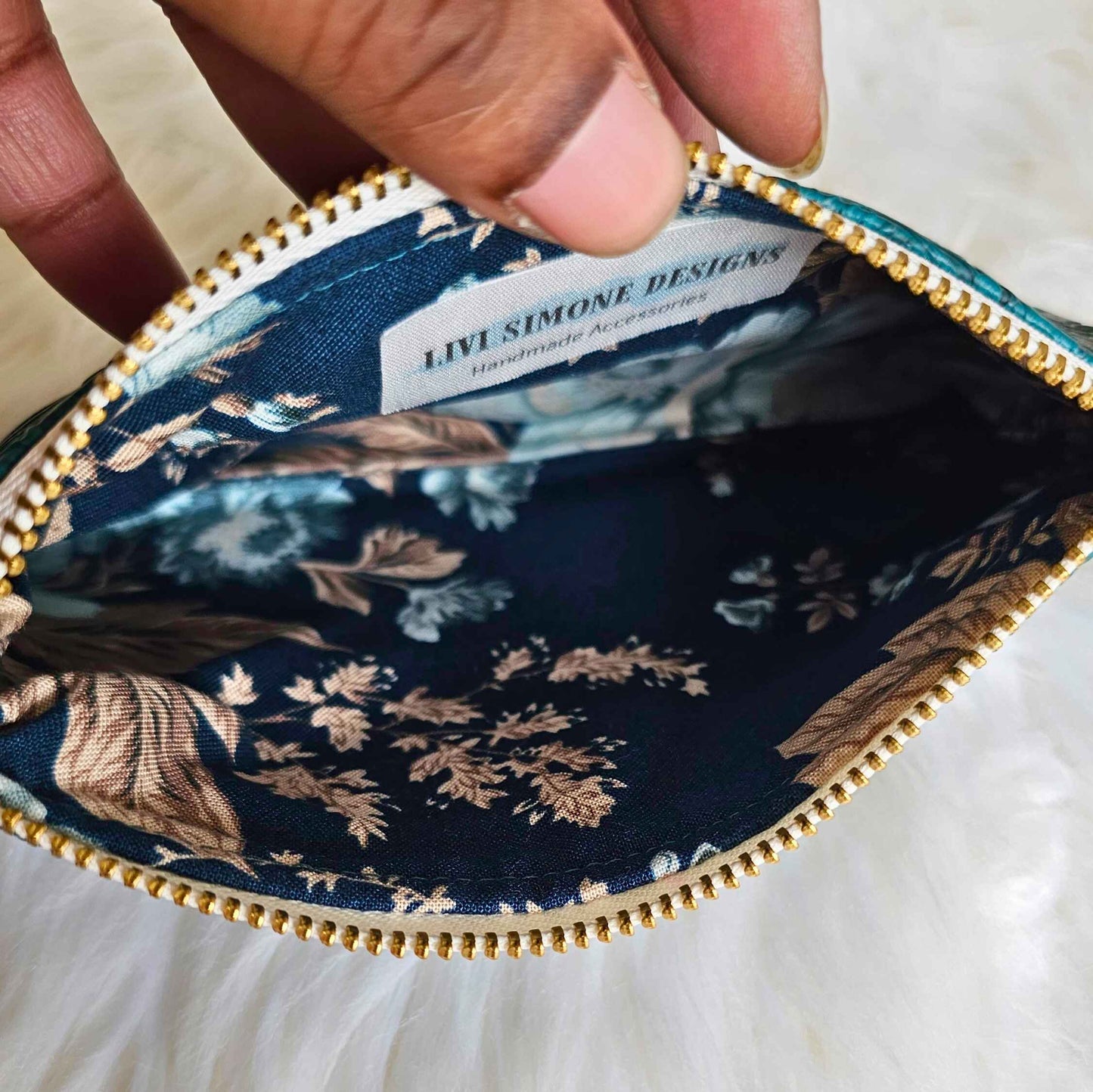 Sea Green Faux Leather Handmade Wristlet Clutch with four card slots and matching pouch