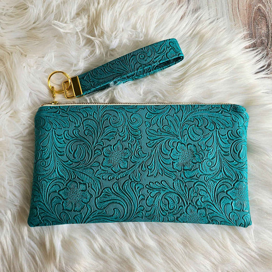 Teal Faux Leather Handmade Wristlet Clutch with four card slots and matching pouch
