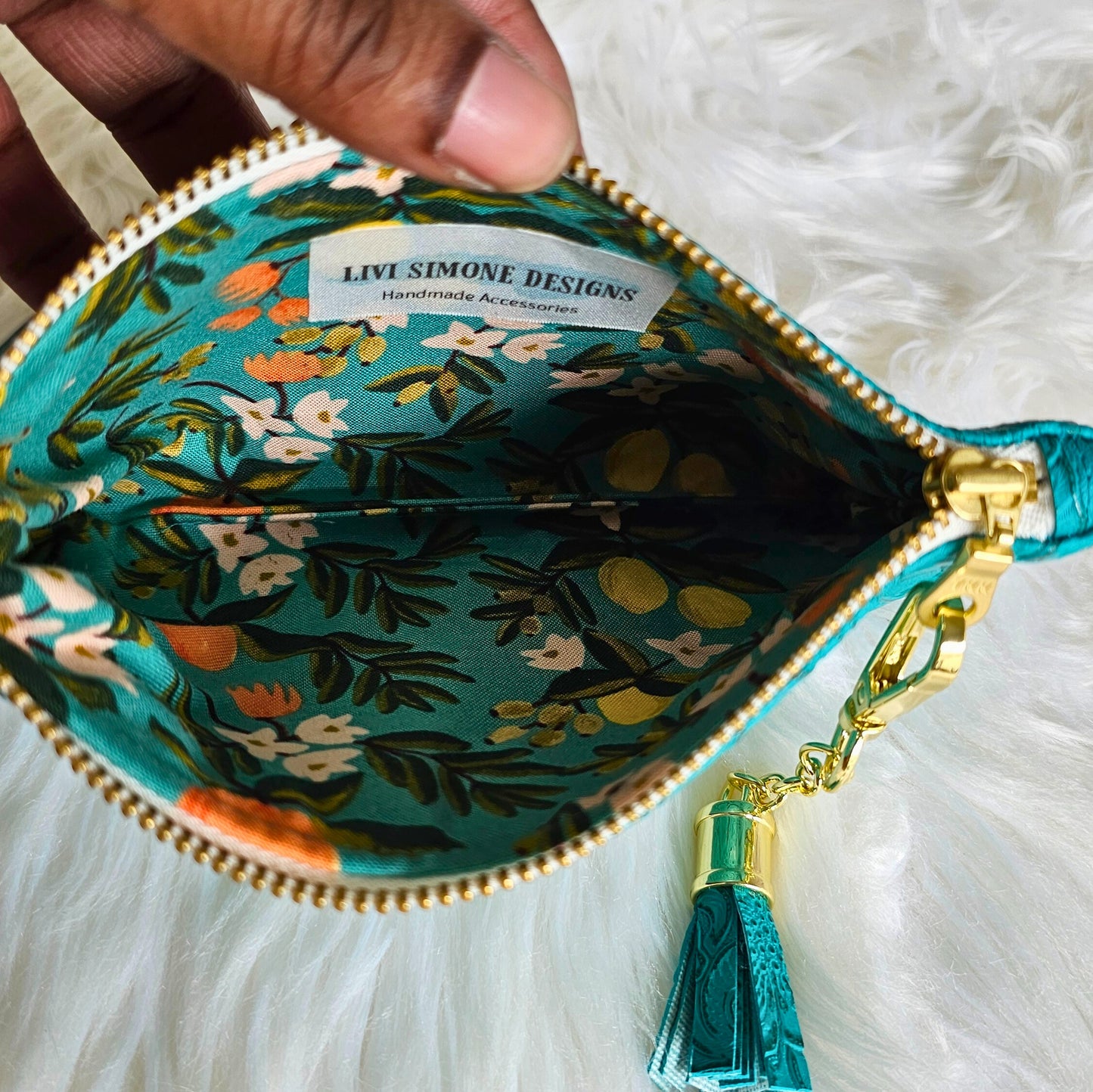 Teal Faux Leather Handmade Wristlet Clutch with four card slots and matching pouch