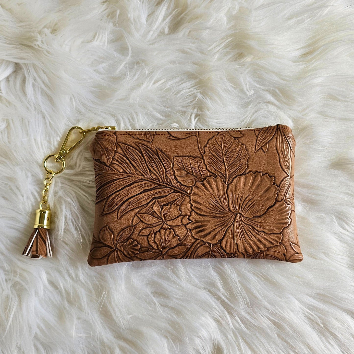Camel Faux Leather Handmade Wristlet Clutch with four card slots and matching pouch
