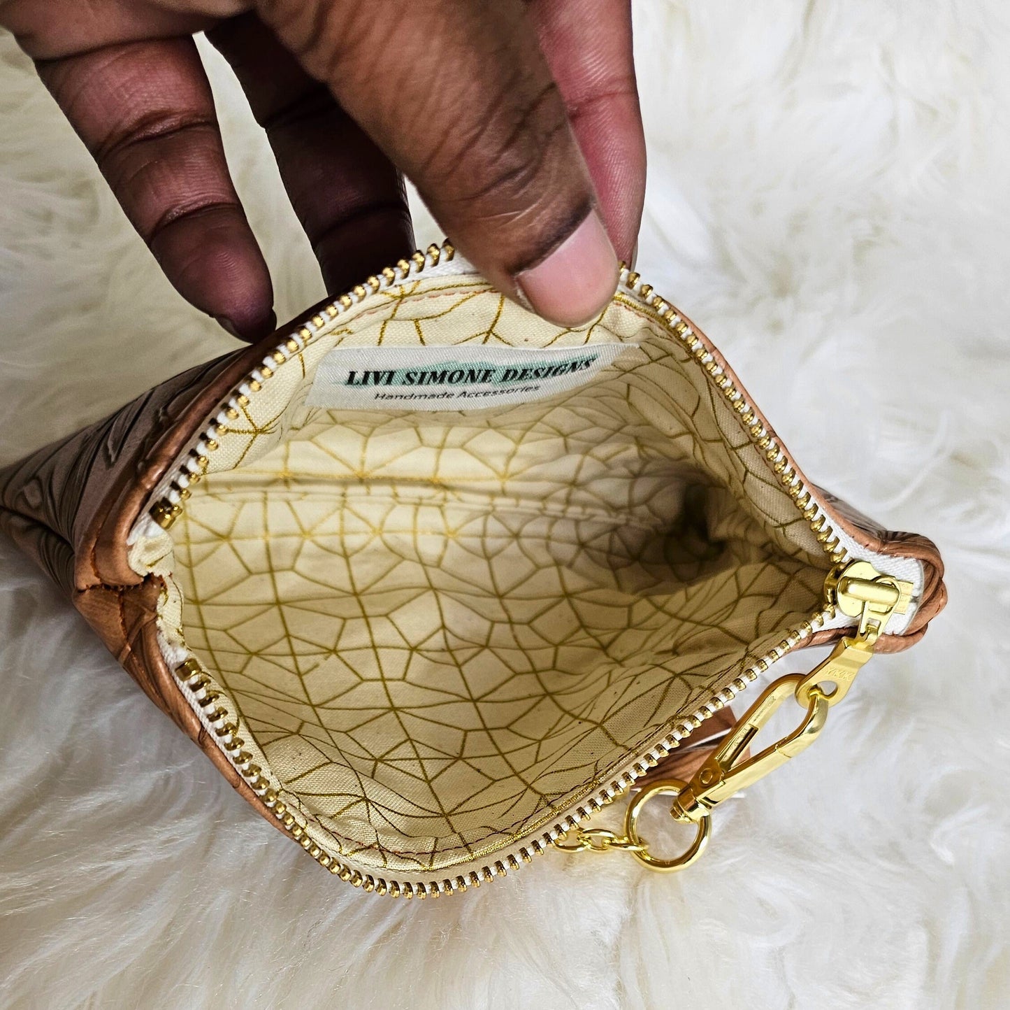 Camel Faux Leather Handmade Wristlet Clutch with four card slots and matching pouch