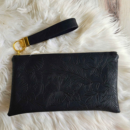 Black Faux Leather Handmade Wristlet Clutch with four card slots and matching pouch