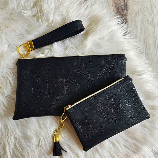 Black Faux Leather Handmade Wristlet Clutch with four card slots and matching pouch