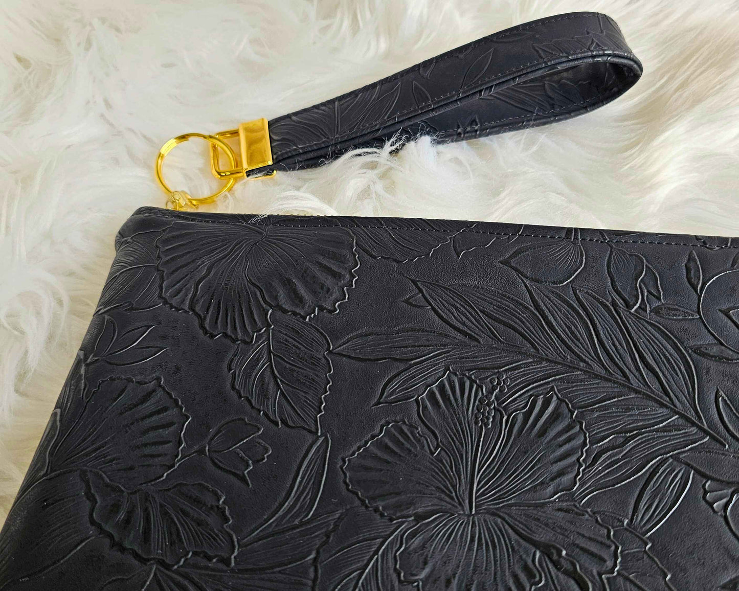 Black Faux Leather Handmade Wristlet Clutch with four card slots and matching pouch