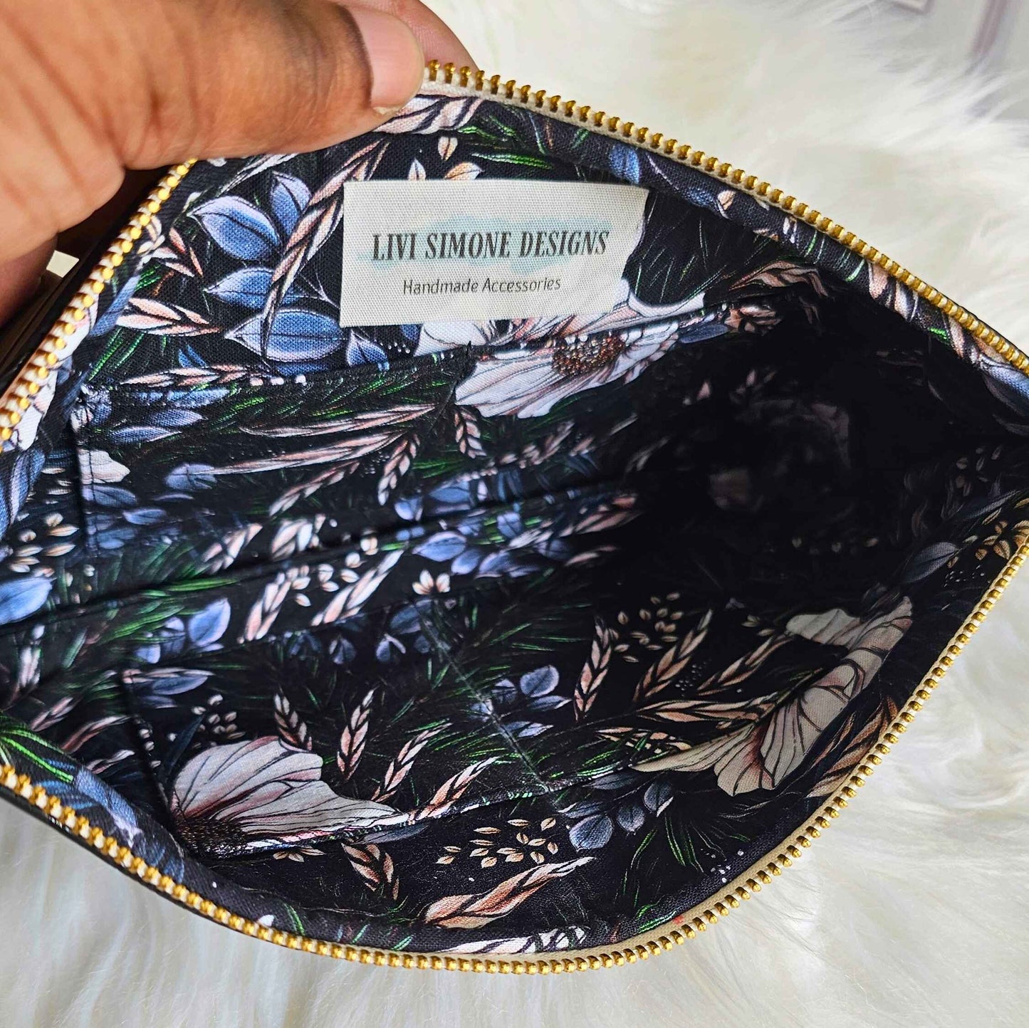 Black Faux Leather Handmade Wristlet Clutch with four card slots and matching pouch