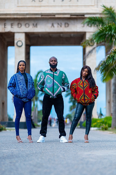 Handmade African Print Blue Bomber Jacket Unisex