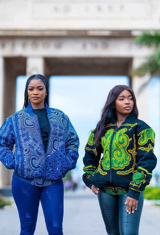 Handmade African Print Blue Bomber Jacket Unisex
