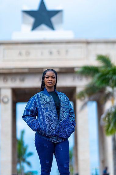 Handmade African Print Blue Bomber Jacket Unisex