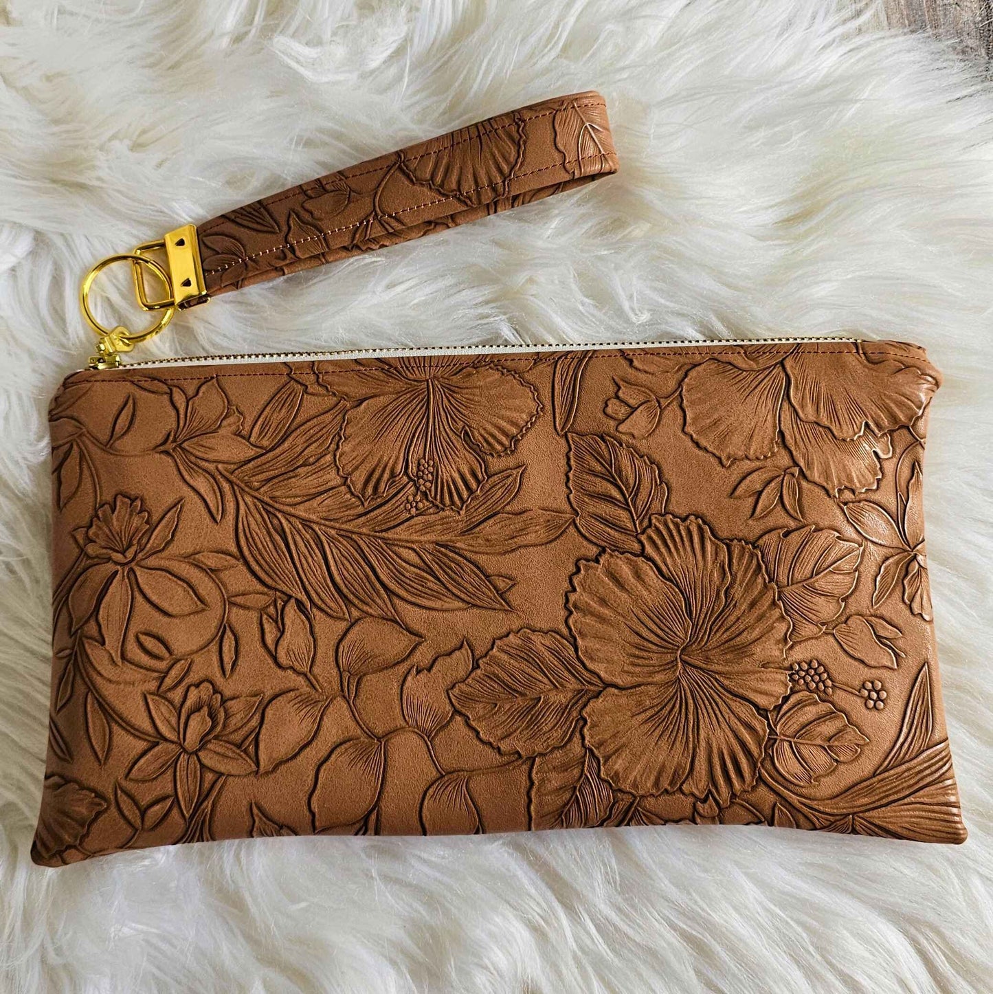 Camel Faux Leather Handmade Wristlet Clutch with four card slots and matching pouch