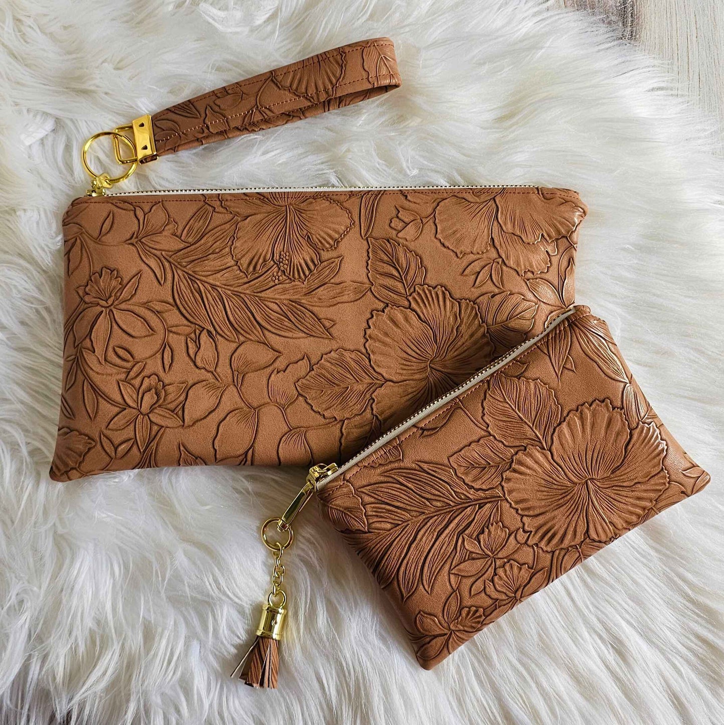 Camel Faux Leather Handmade Wristlet Clutch with four card slots and matching pouch