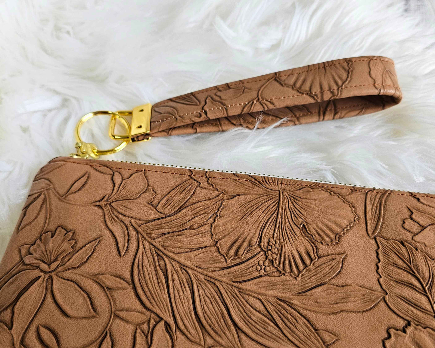 Camel Faux Leather Handmade Wristlet Clutch with four card slots and matching pouch