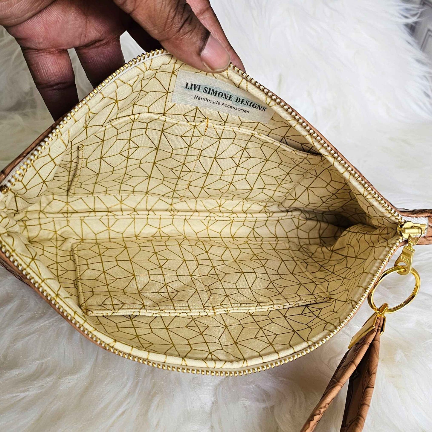 Camel Faux Leather Handmade Wristlet Clutch with four card slots and matching pouch