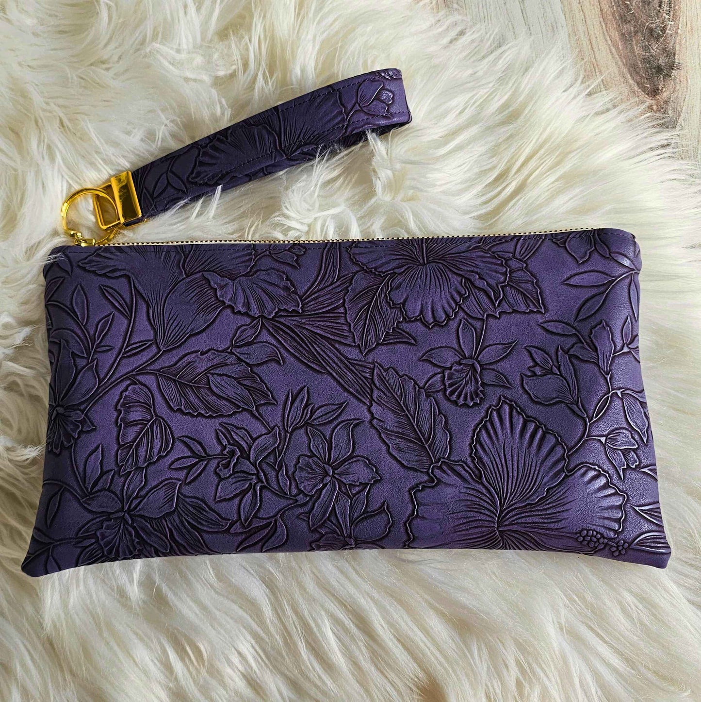 Eggplant Faux Leather Handmade Wristlet Clutch with four card slots and matching pouch