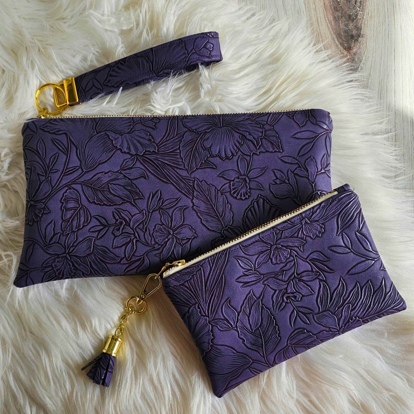 Eggplant Faux Leather Handmade Wristlet Clutch with four card slots and matching pouch