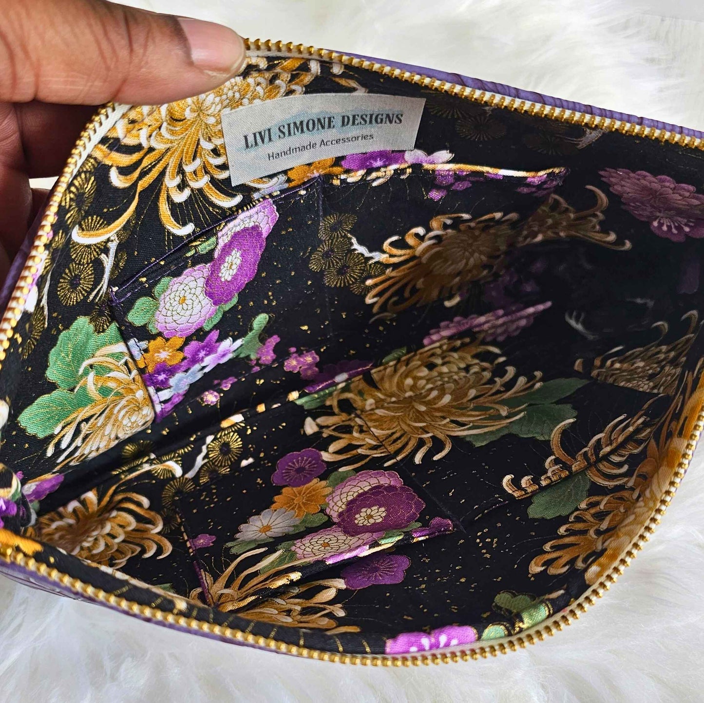 Eggplant Faux Leather Handmade Wristlet Clutch with four card slots and matching pouch
