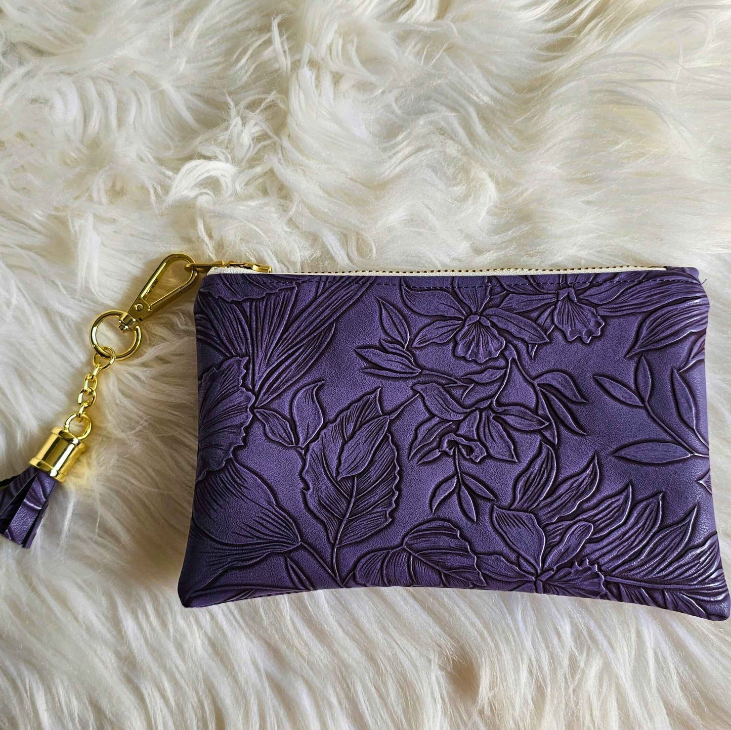 Eggplant Faux Leather Handmade Wristlet Clutch with four card slots and matching pouch