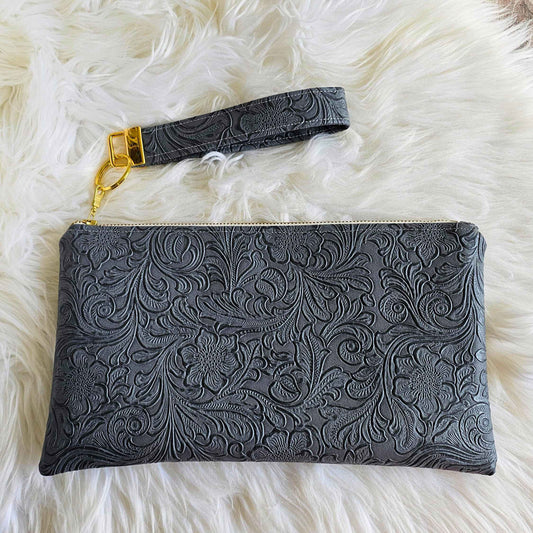 Gray Faux Leather Handmade Wristlet Clutch with four card slots and matching pouch