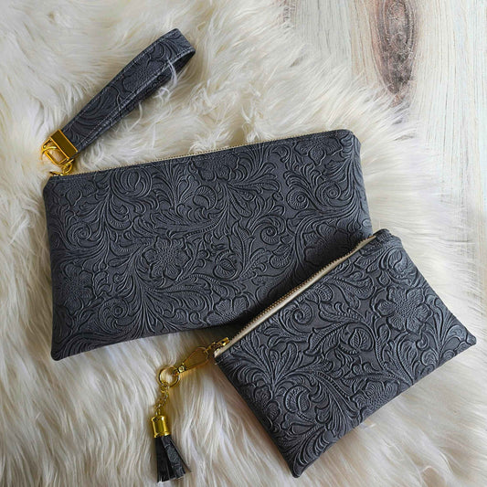 Gray Faux Leather Handmade Wristlet Clutch with four card slots and matching pouch