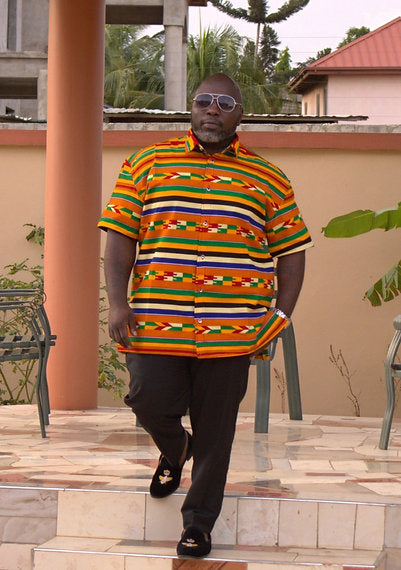 Gold and Black Kente Print Short Sleeve Button Down Shirt
