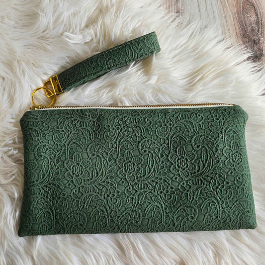Lacy Sage Green Faux Leather Handmade Wristlet Clutch with four card slots and matching pouch
