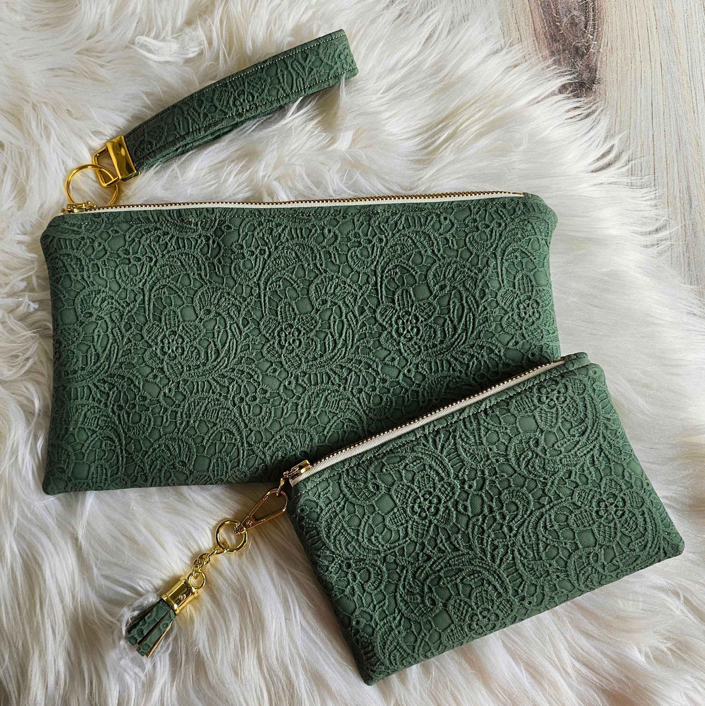 Lacy Sage Green Faux Leather Handmade Wristlet Clutch with four card slots and matching pouch
