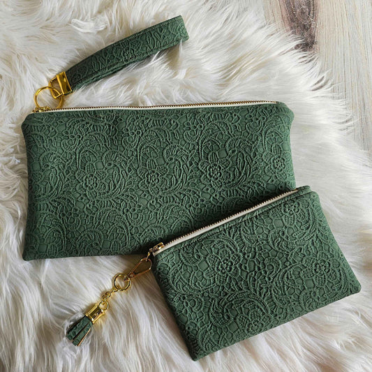 Lacy Sage Green Faux Leather Handmade Wristlet Clutch with four card slots and matching pouch