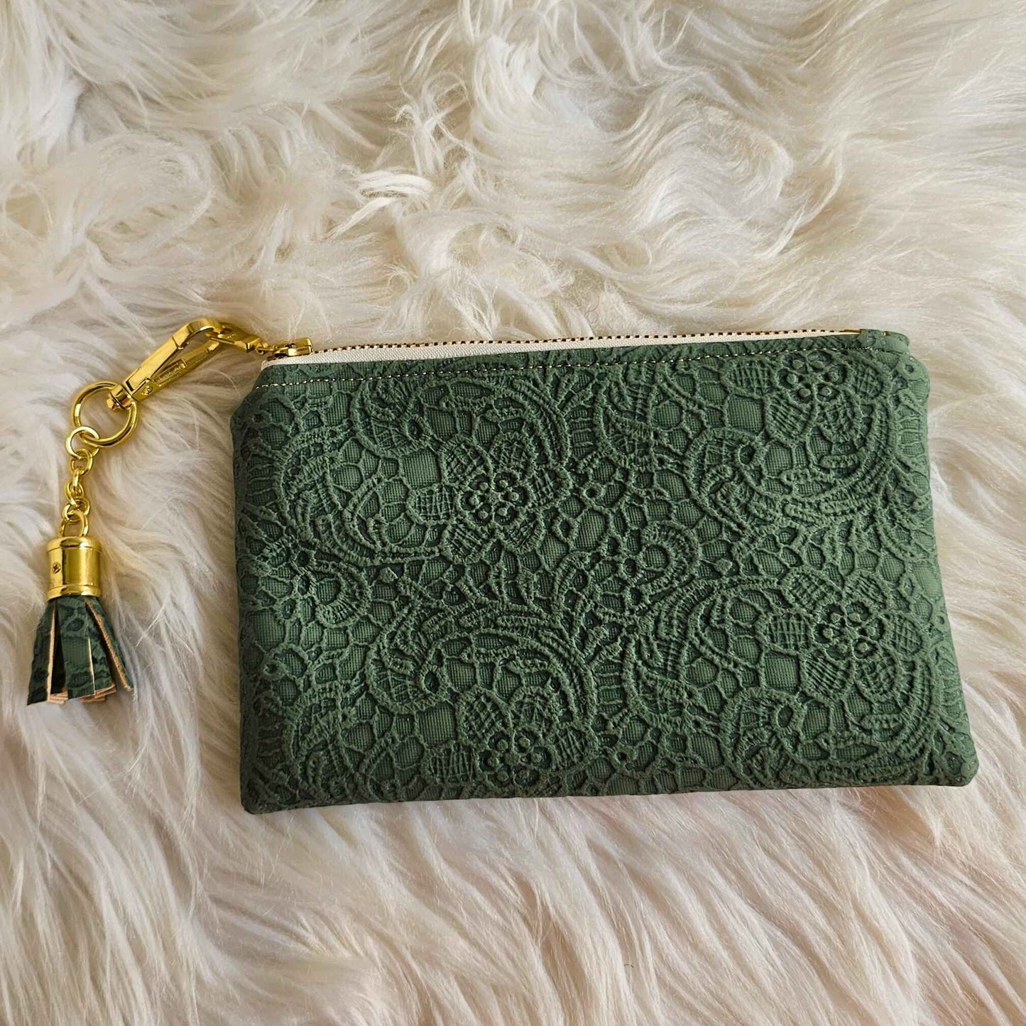 Lacy Sage Green Faux Leather Handmade Wristlet Clutch with four card slots and matching pouch