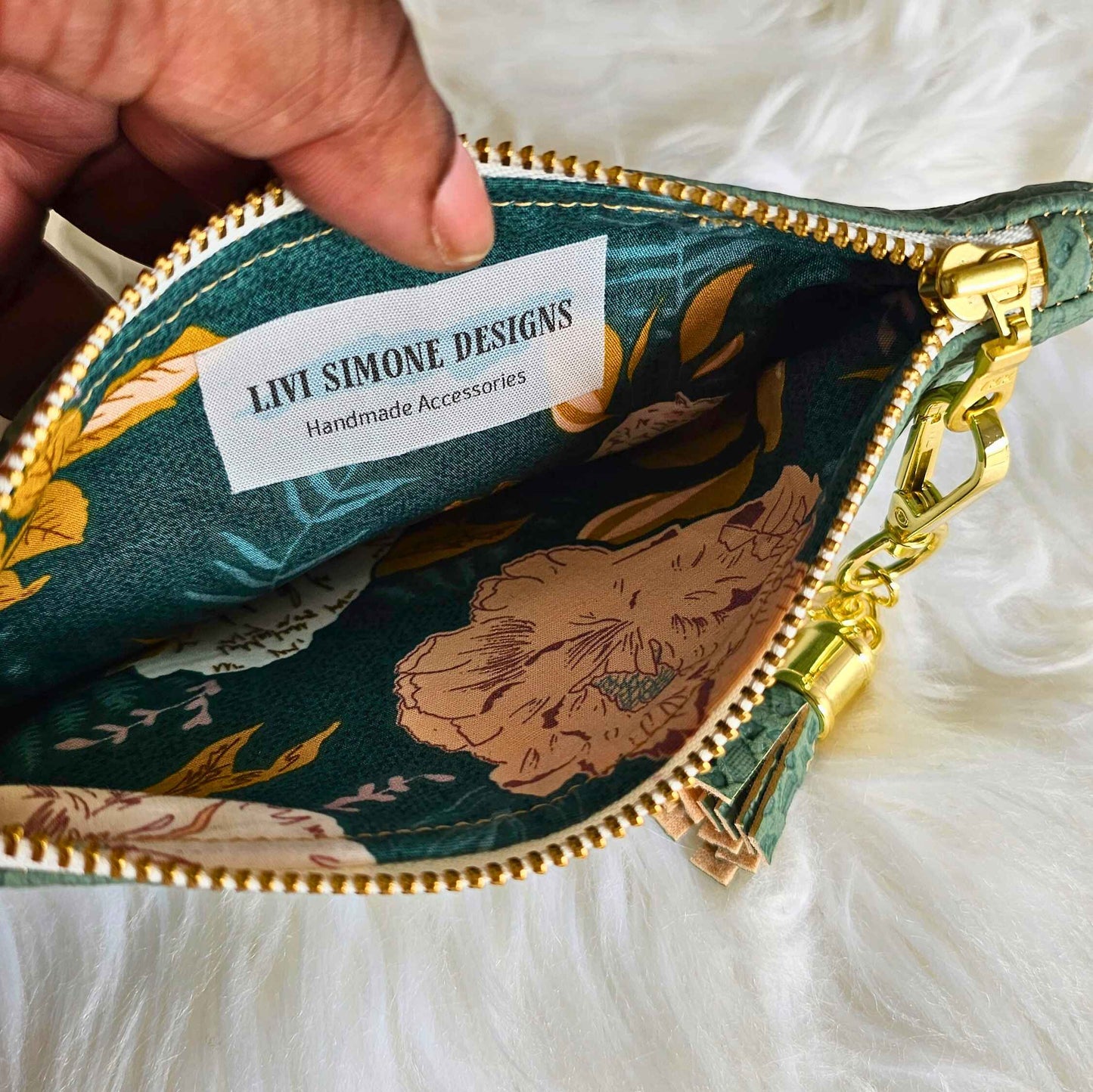 Lacy Sage Green Faux Leather Handmade Wristlet Clutch with four card slots and matching pouch