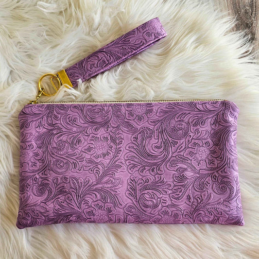 Lilac Faux Leather Handmade Wristlet Clutch with four card slots and matching pouch