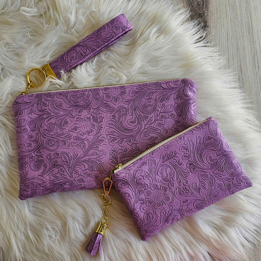 Lilac Faux Leather Handmade Wristlet Clutch with four card slots and matching pouch