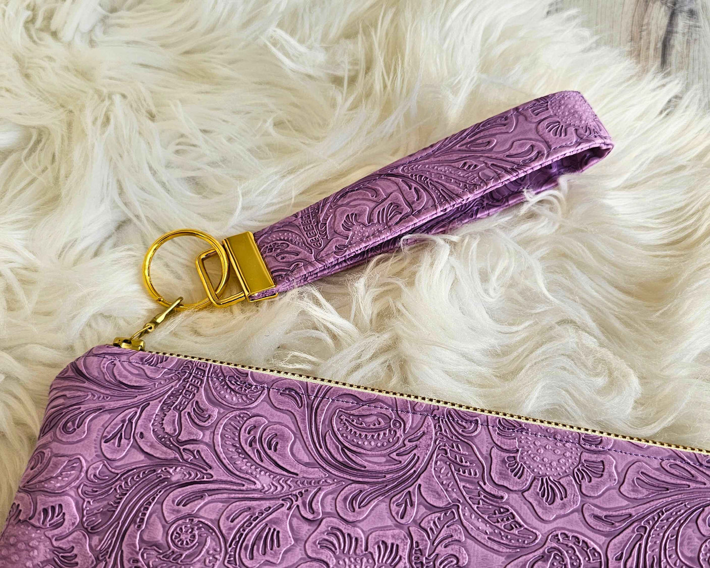 Lilac Faux Leather Handmade Wristlet Clutch with four card slots and matching pouch