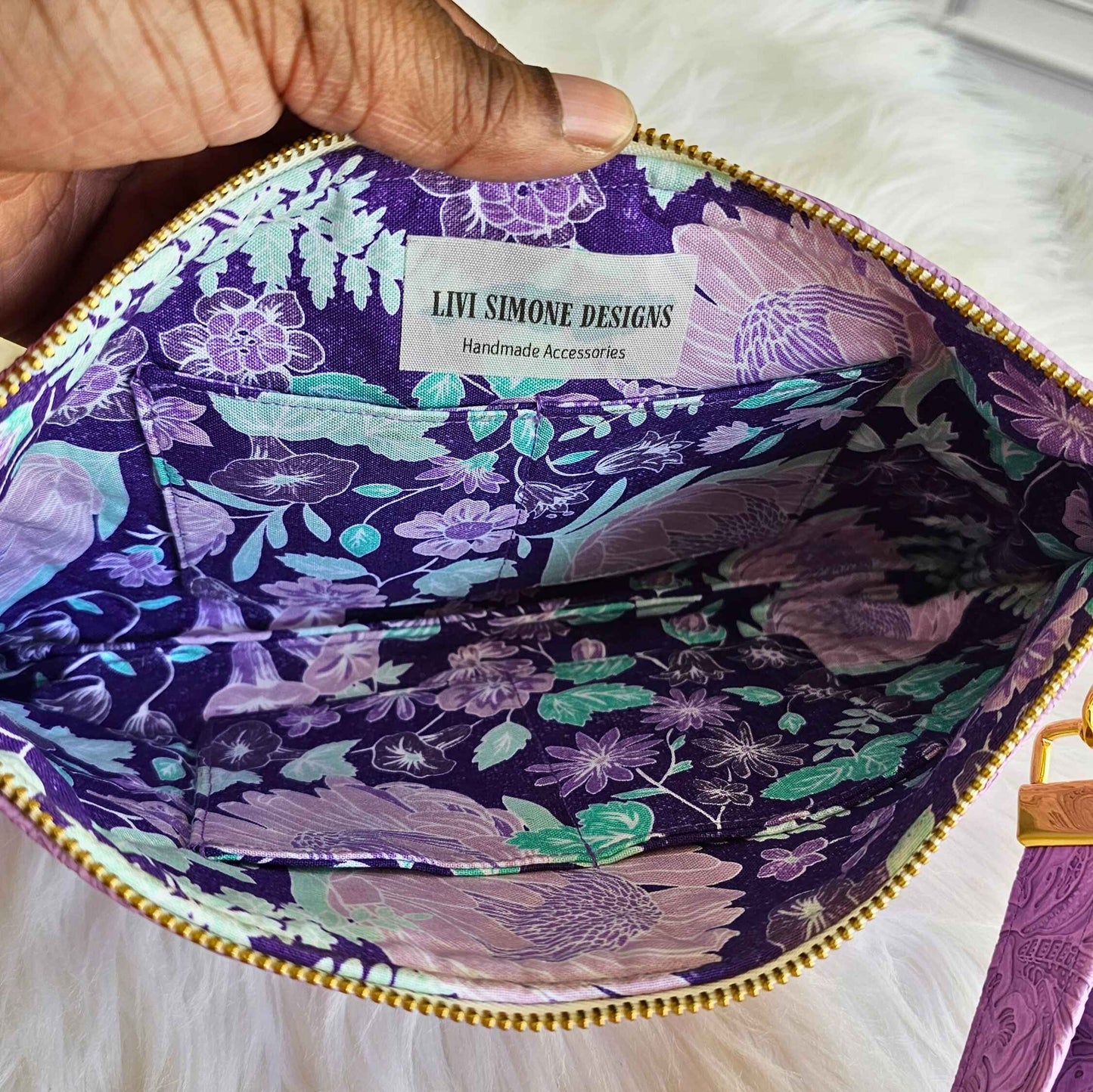 Lilac Faux Leather Handmade Wristlet Clutch with four card slots and matching pouch