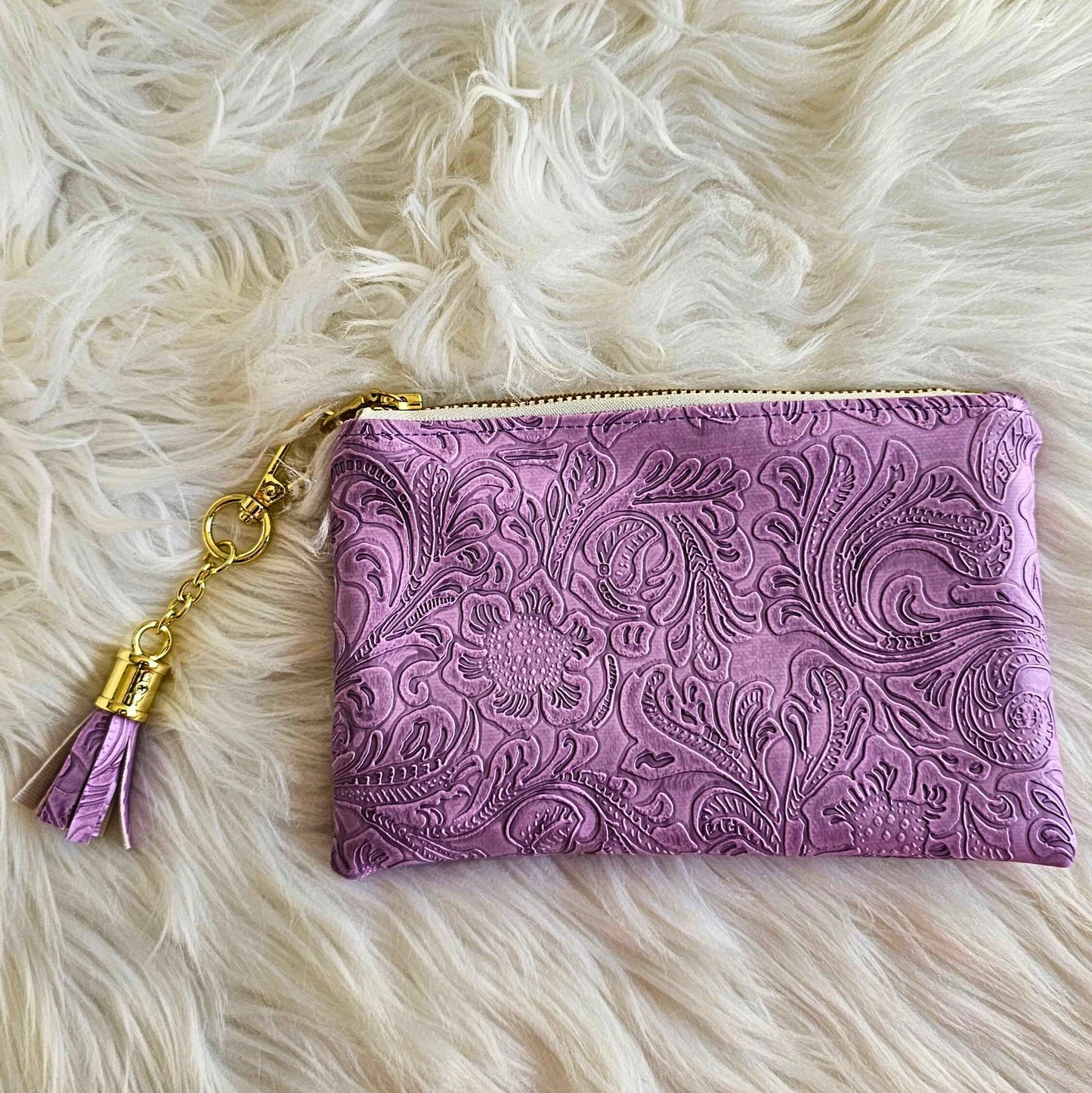 Lilac Faux Leather Handmade Wristlet Clutch with four card slots and matching pouch