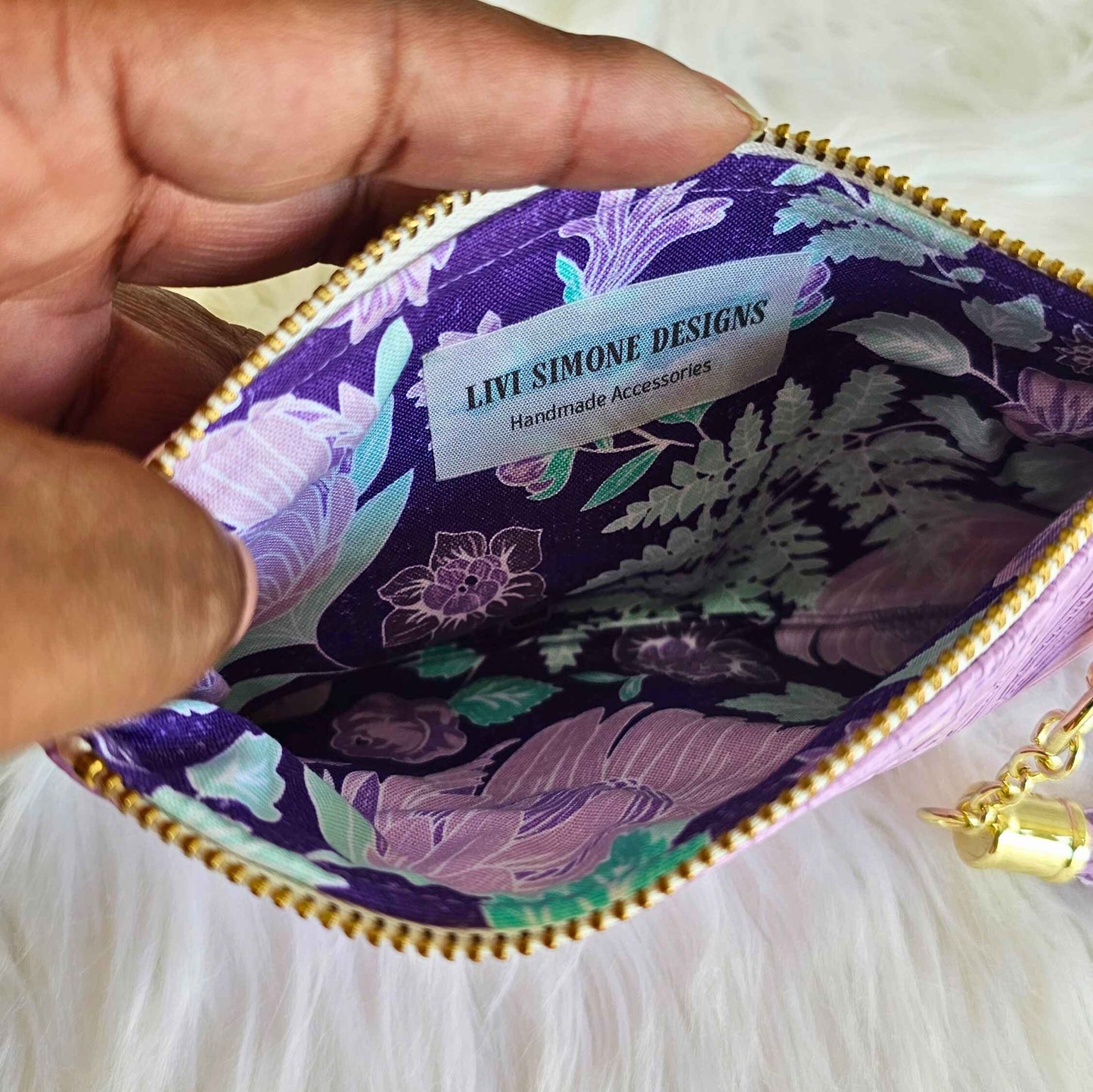 Lilac Faux Leather Handmade Wristlet Clutch with four card slots and matching pouch