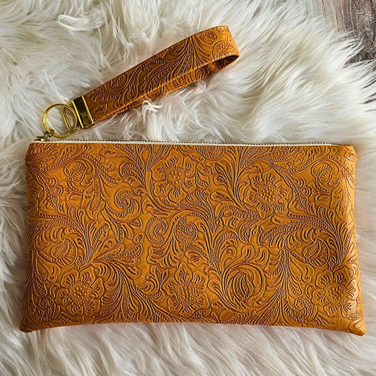 Marigold Faux Leather Handmade Wristlet Clutch with four card slots and matching pouch