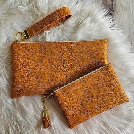 Marigold Faux Leather Handmade Wristlet Clutch with four card slots and matching pouch
