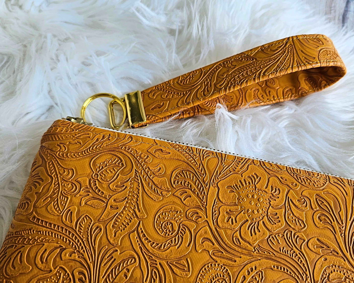 Marigold Faux Leather Handmade Wristlet Clutch with four card slots and matching pouch