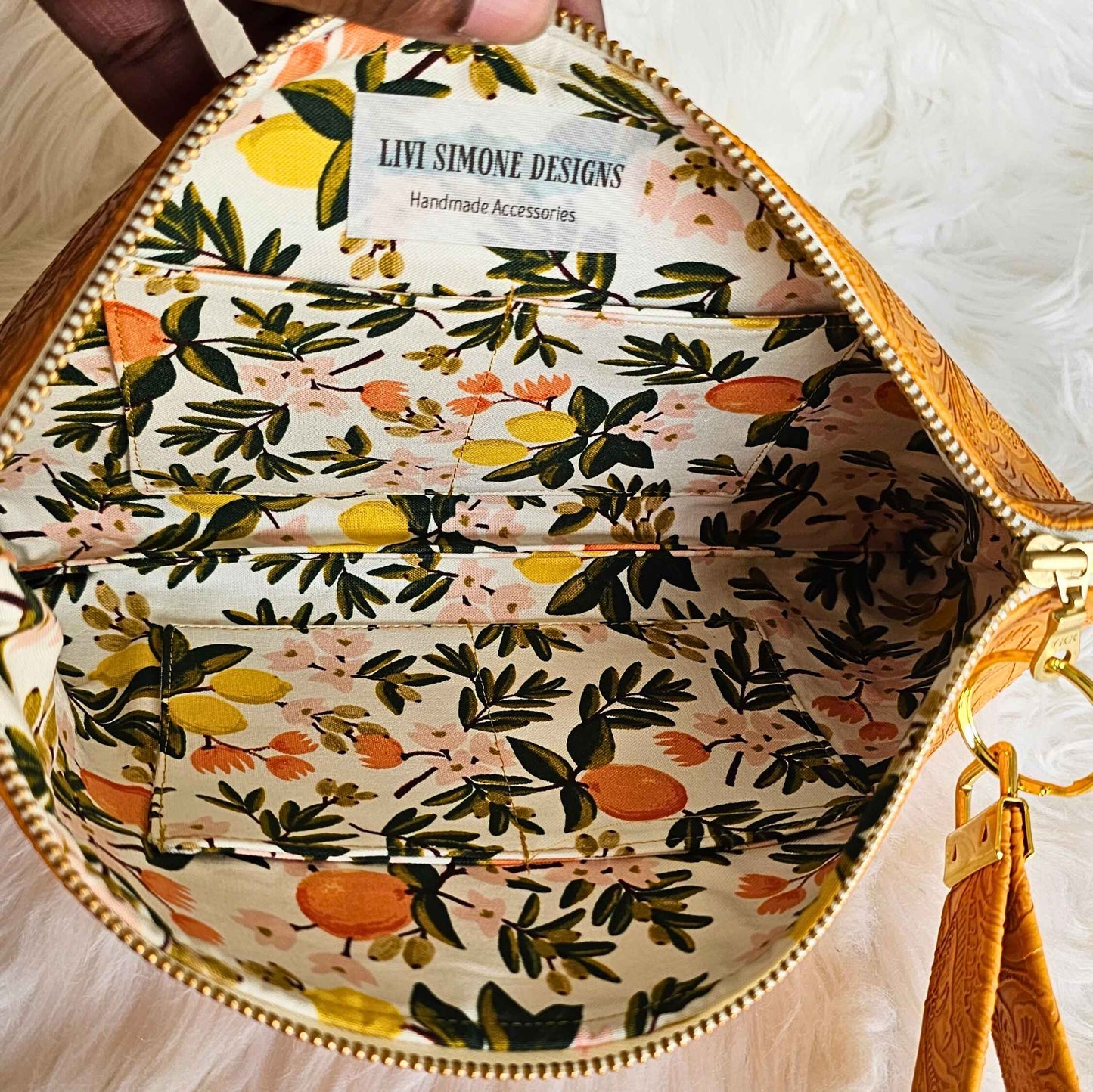 Marigold Faux Leather Handmade Wristlet Clutch with four card slots and matching pouch