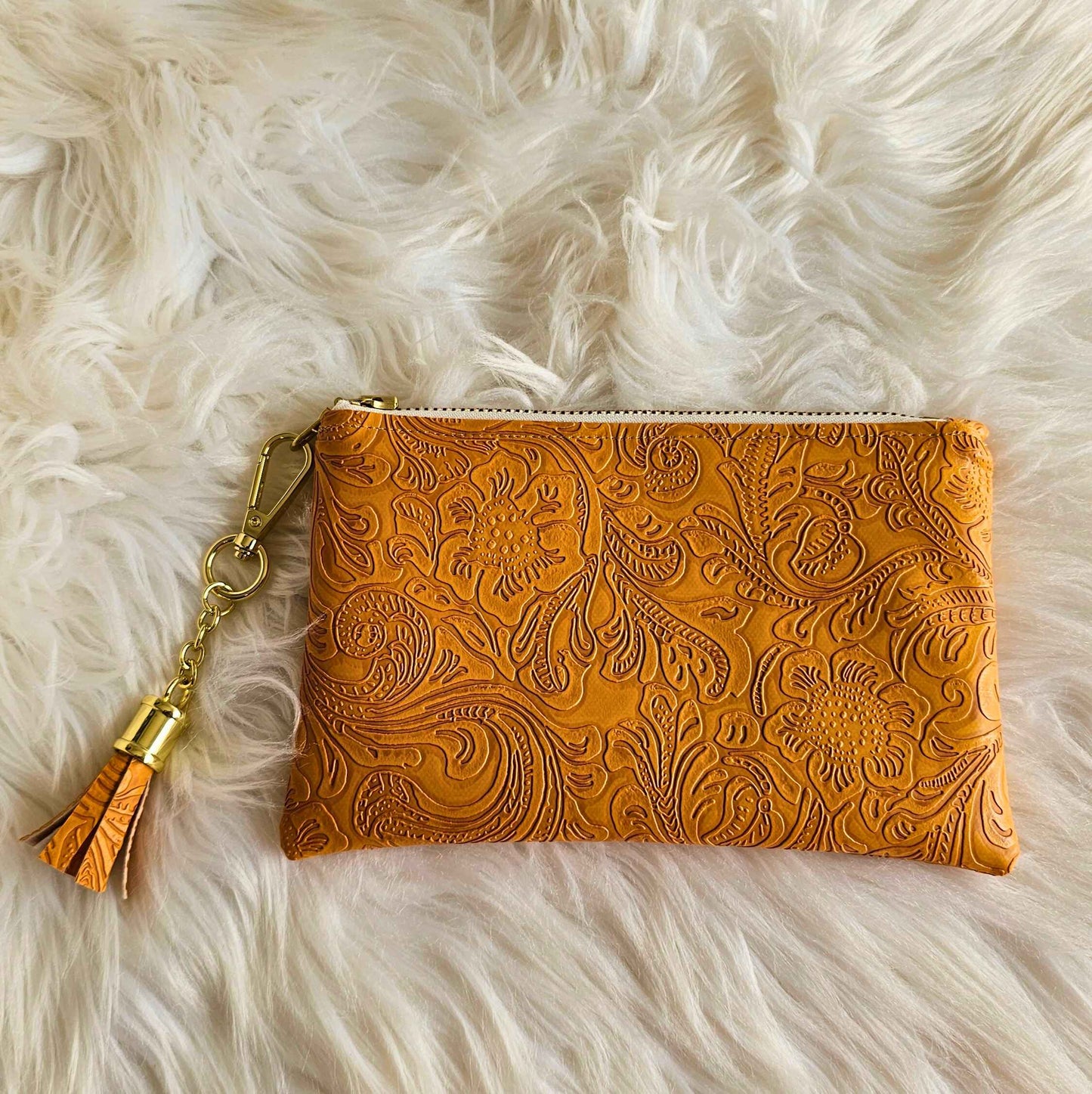 Marigold Faux Leather Handmade Wristlet Clutch with four card slots and matching pouch