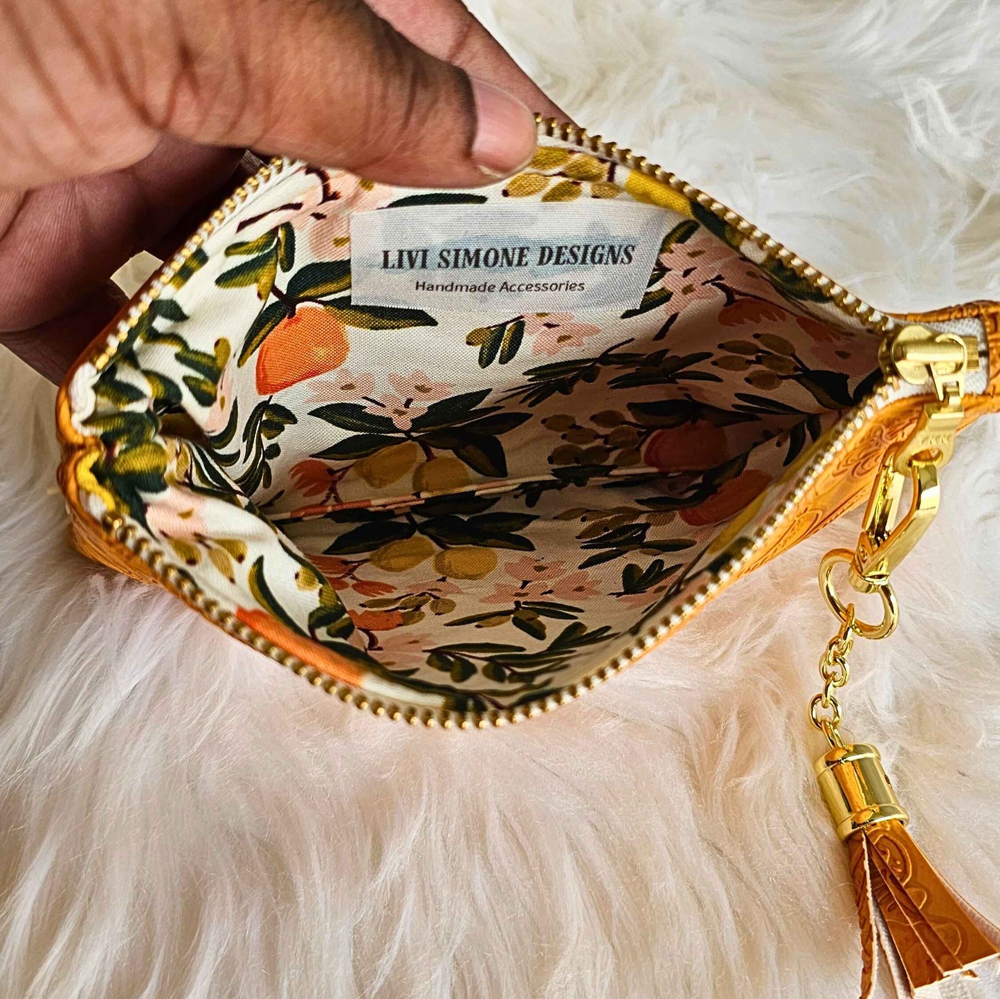Marigold Faux Leather Handmade Wristlet Clutch with four card slots and matching pouch