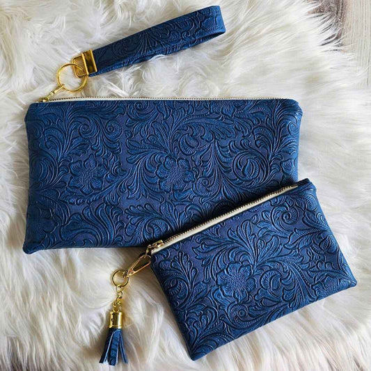 Navy Faux Leather Handmade Wristlet Clutch with four card slots and matching pouch