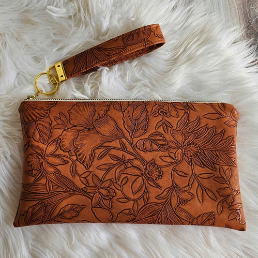 Pecan Faux Leather Handmade Wristlet Clutch with four card slots and matching pouch