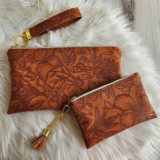 Pecan Faux Leather Handmade Wristlet Clutch with four card slots and matching pouch