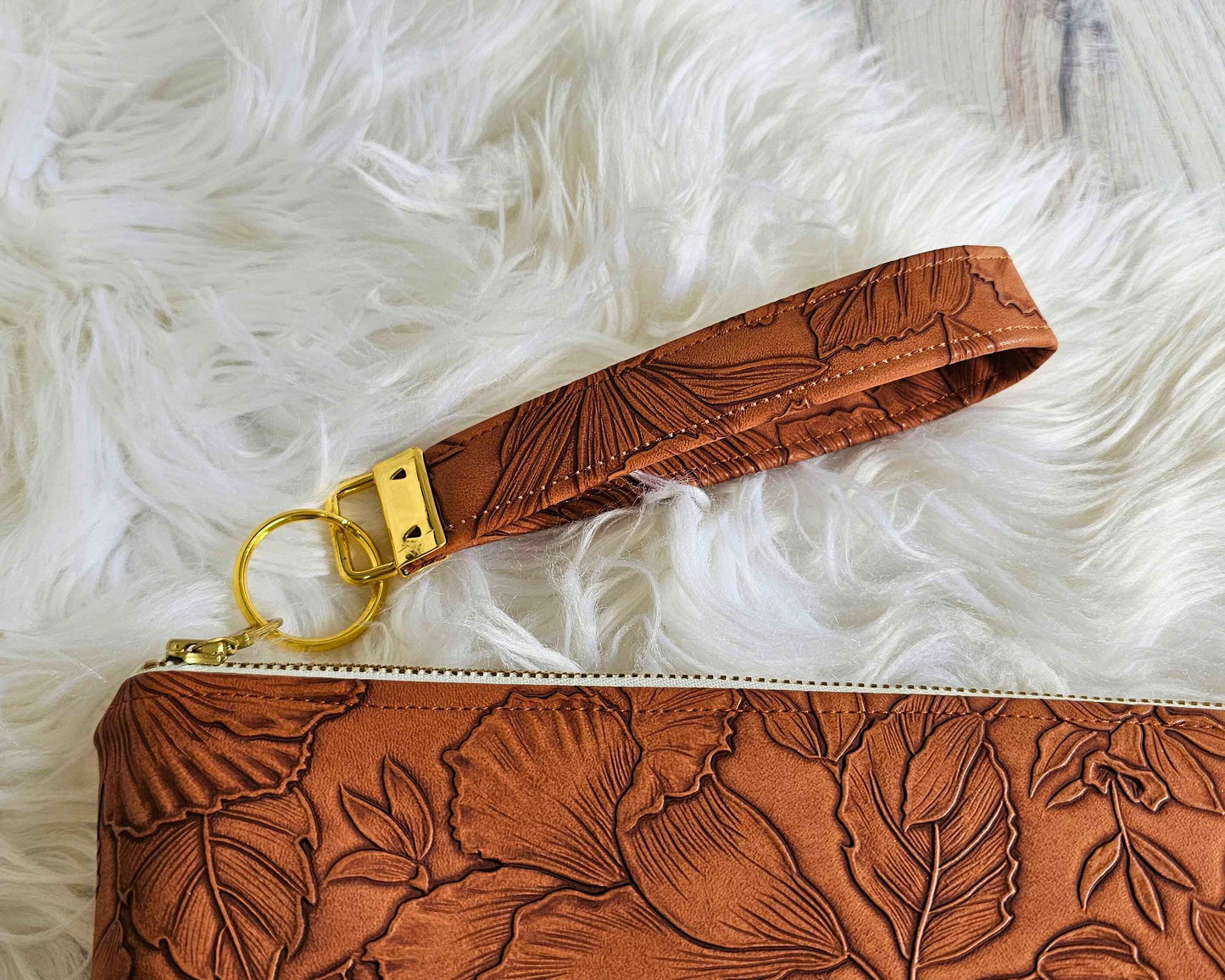Pecan Faux Leather Handmade Wristlet Clutch with four card slots and matching pouch